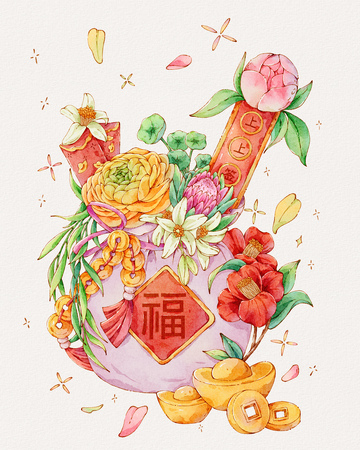水彩节庆花卉福袋设计素材