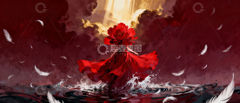 高清大图下载【趣麦麦图】红色礼服女子水中舞