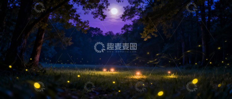 高清大图下载【趣麦麦图】夜晚森林萤火虫梦幻场景