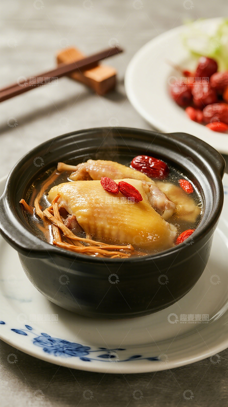 高清大图下载【趣麦麦图】砂锅鸡汤中药材美食摄影