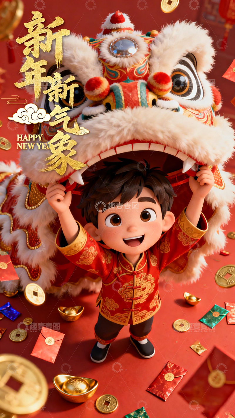 高清大图下载【趣麦麦图】新年喜庆卡通人物舞狮图