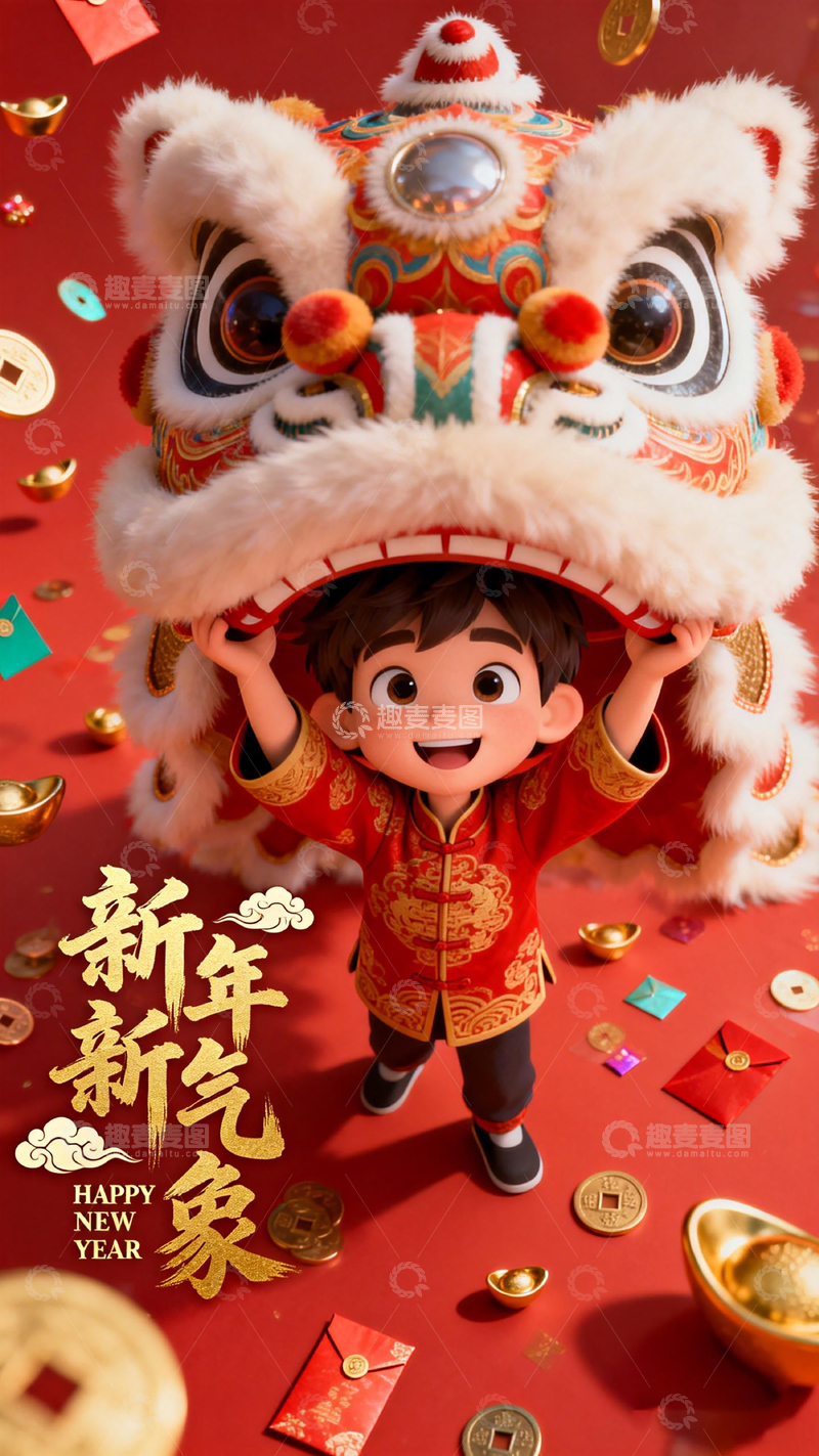 高清大图下载【趣麦麦图】卡通新年庆祝舞狮插画