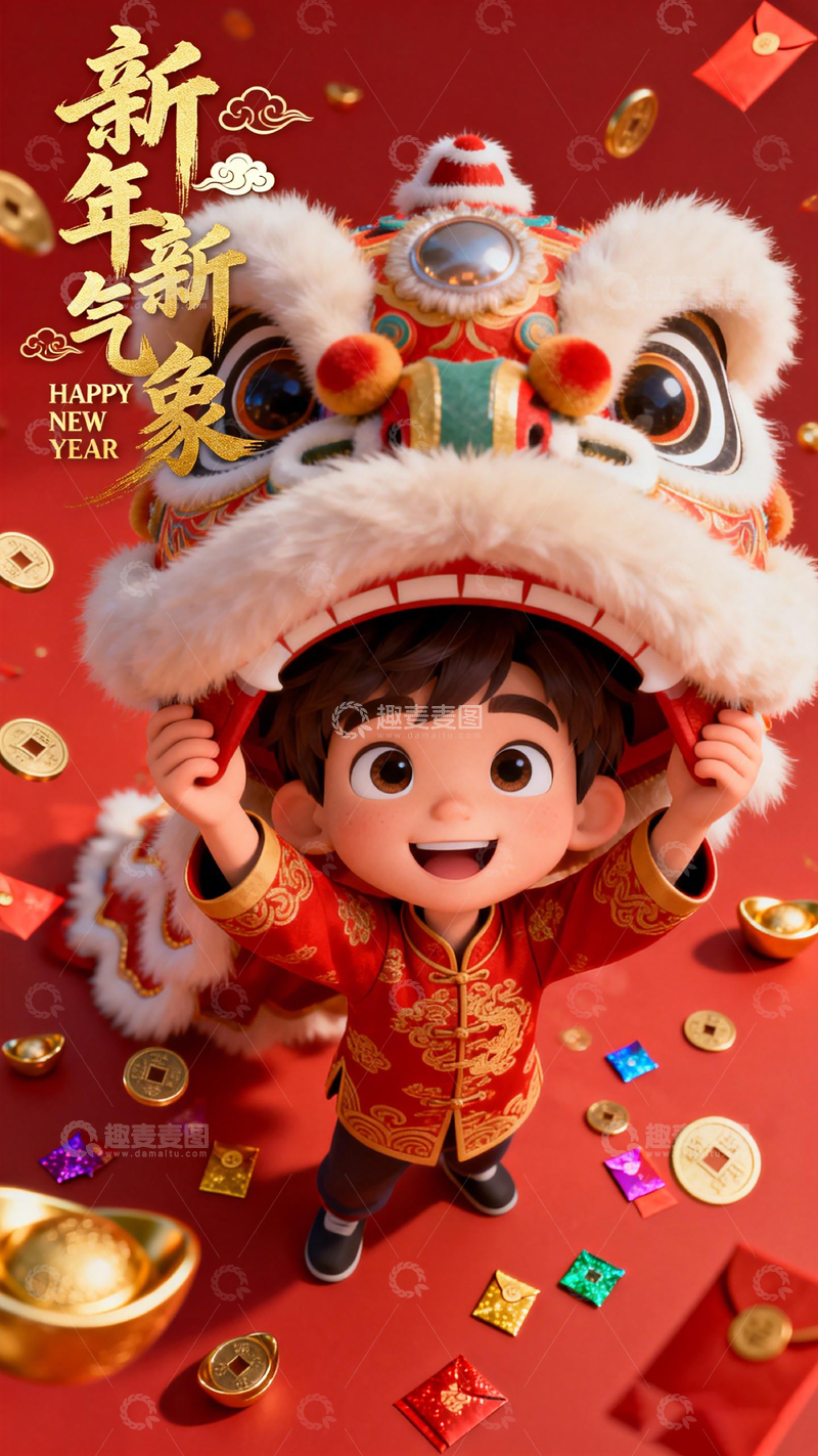 高清大图下载【趣麦麦图】新年喜庆插画卡通人物舞狮
