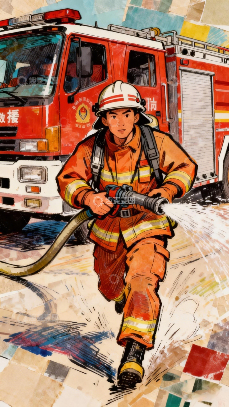 高清大图下载【趣麦麦图】消防员救援行动插画