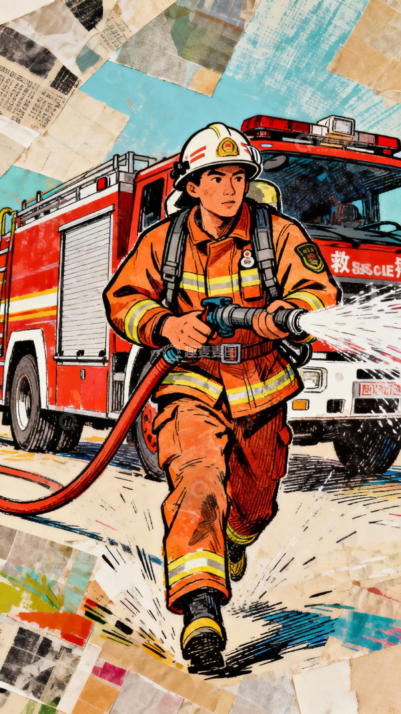 高清大图下载【趣麦麦图】消防战士奋战插画