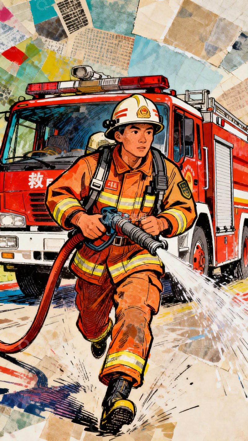 高清大图下载【趣麦麦图】消防员救援行动插画
