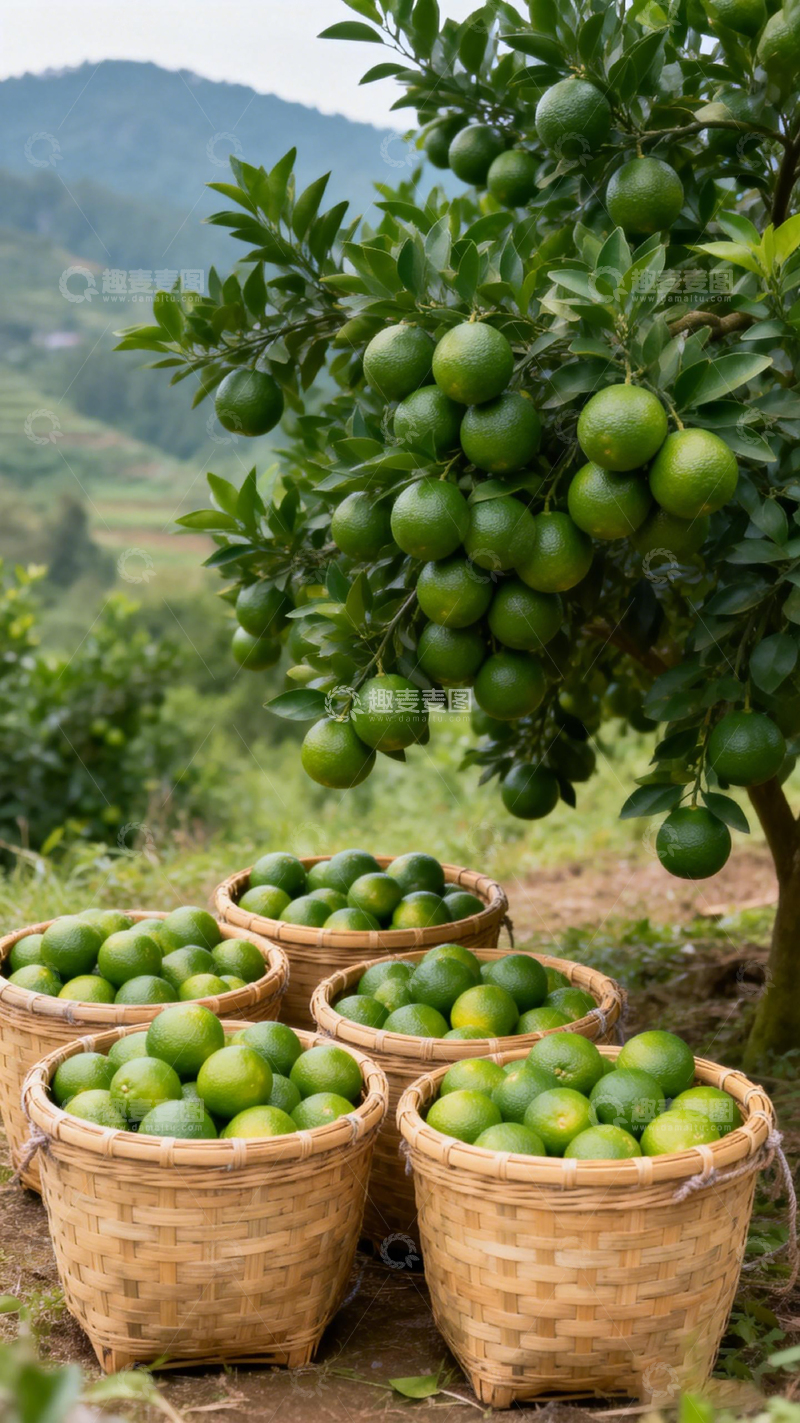 高清大图下载【趣麦麦图】果园丰收绿色橘子满篮
