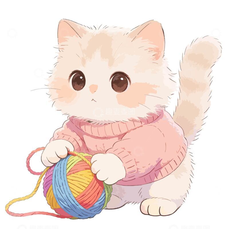 源文件下载【趣麦麦图】卡通可爱Q版站立小猫玩彩色毛线球