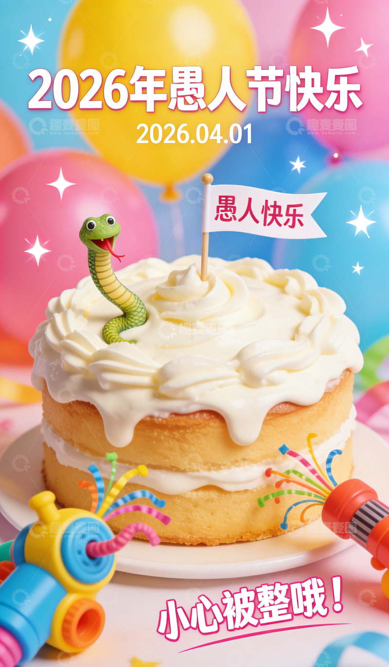 高清大图下载【趣麦麦图】愚人节蛋糕庆祝海报