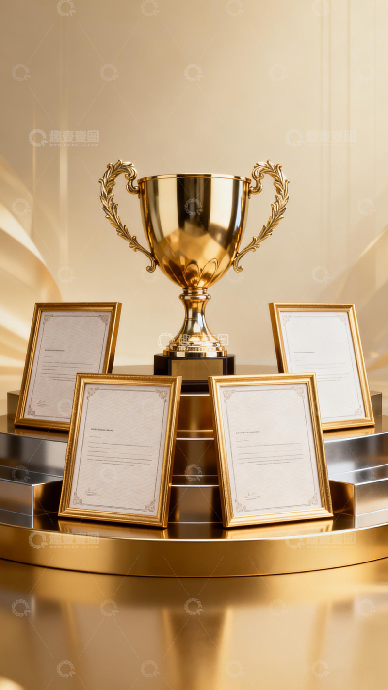 高清大图下载【趣麦麦图】金色奖杯证书展示图片