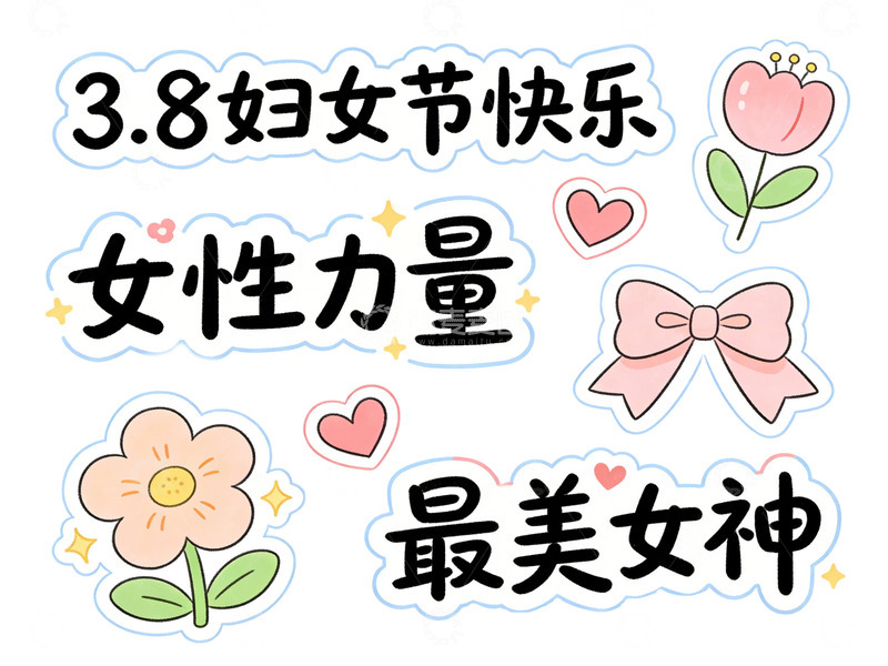 高清大图下载【趣麦麦图】卡通风妇女节庆祝手绘花朵装饰贴纸