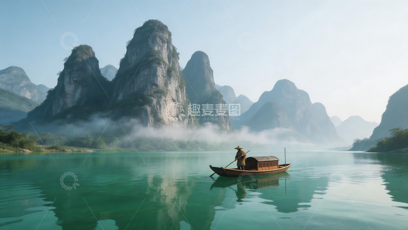 高清大图下载【趣麦麦图】山水画意境小舟风景