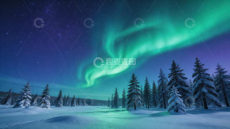 高清大图下载【趣麦麦图】极光森林雪景梦幻画卷