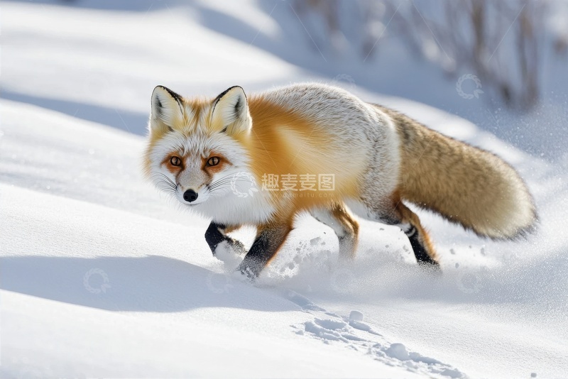 高清大图下载【趣麦麦图】冬季雪地上行走的棕色狐狸