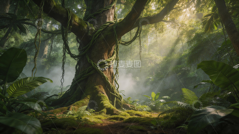 高清大图下载【趣麦麦图】热带雨林古树景观插画素材
