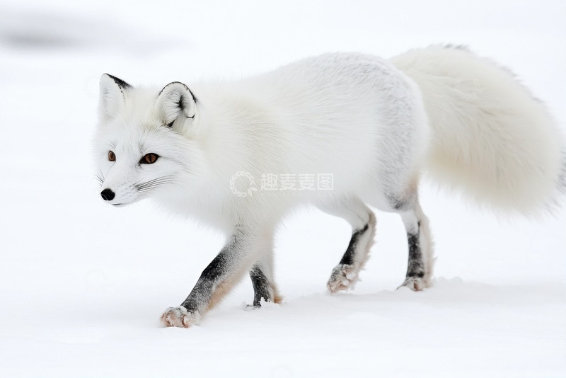 高清大图下载【趣麦麦图】雪地上行走的白狐狸