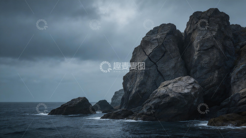 高清大图下载【趣麦麦图】阴沉海岸岩石景观
