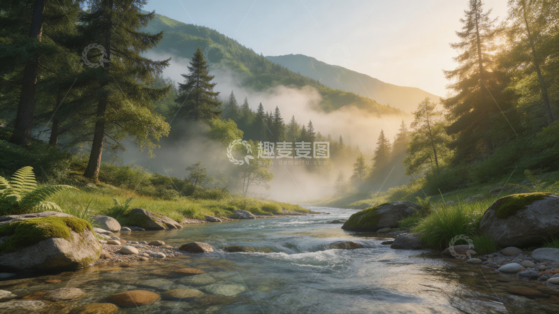 高清大图下载【趣麦麦图】山水风光晨雾溪流图
