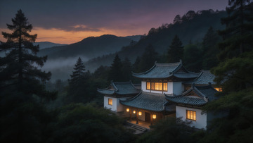 山间古风小屋夜景