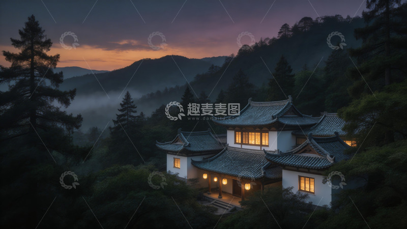 高清大图下载【趣麦麦图】山间古风小屋夜景