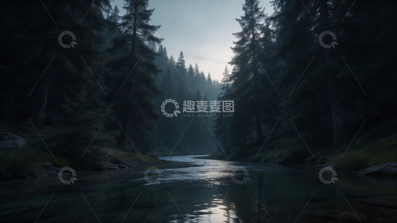 高清大图下载【趣麦麦图】森林河流黄昏风光摄影