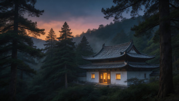 山林古刹黄昏景色