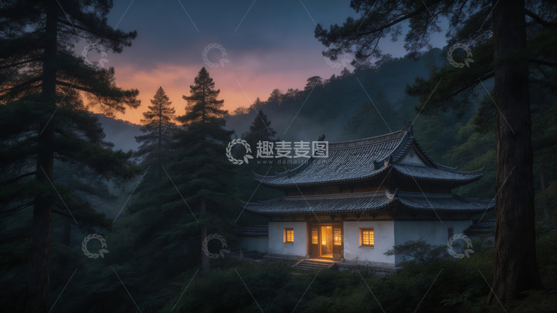 高清大图下载【趣麦麦图】山林古刹黄昏景色