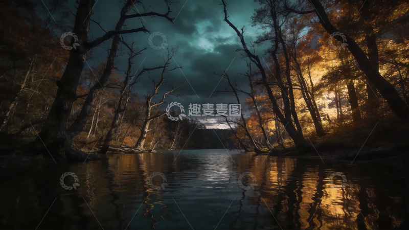 高清大图下载【趣麦麦图】幽暗森林河流夜景