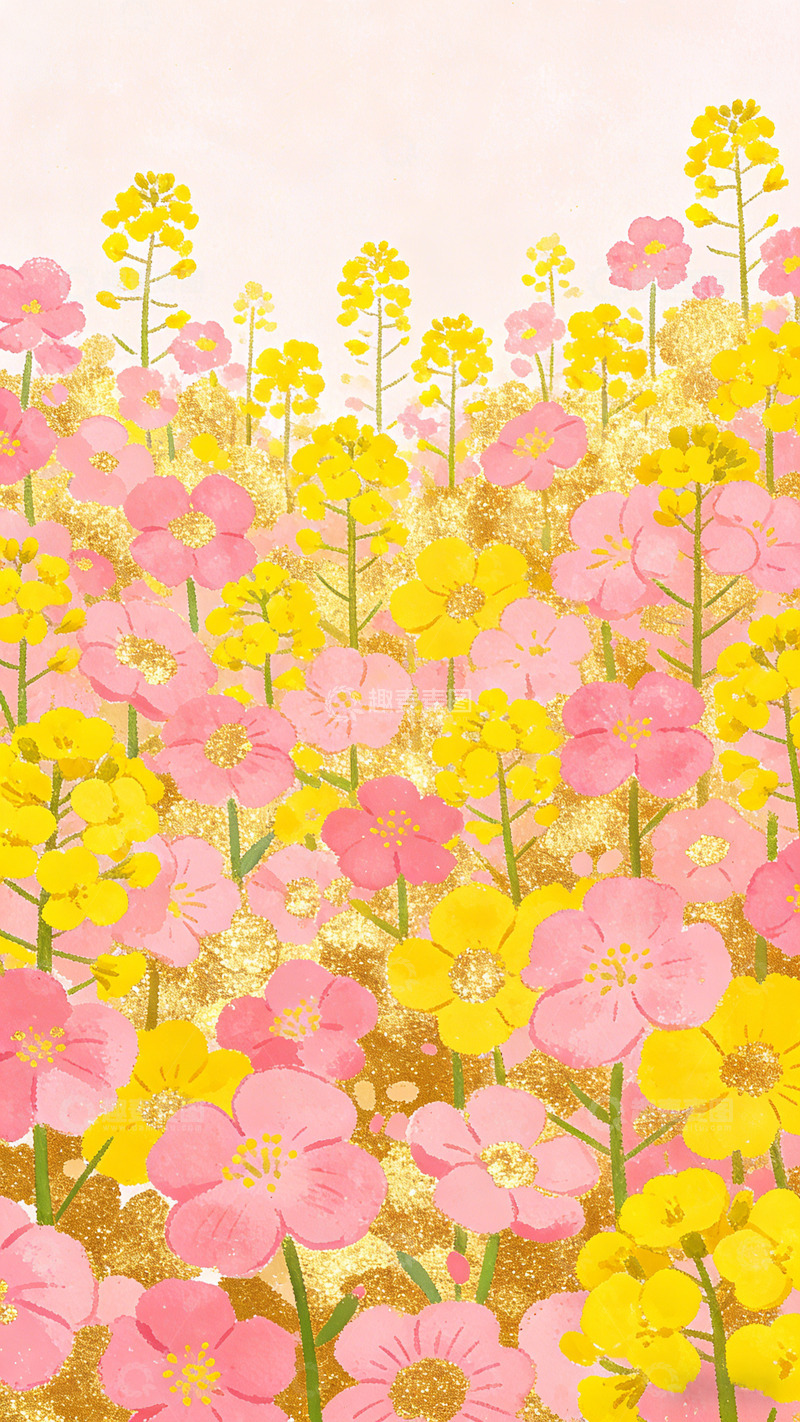 高清大图下载【趣麦麦图】樱花油菜花田插画设计素材