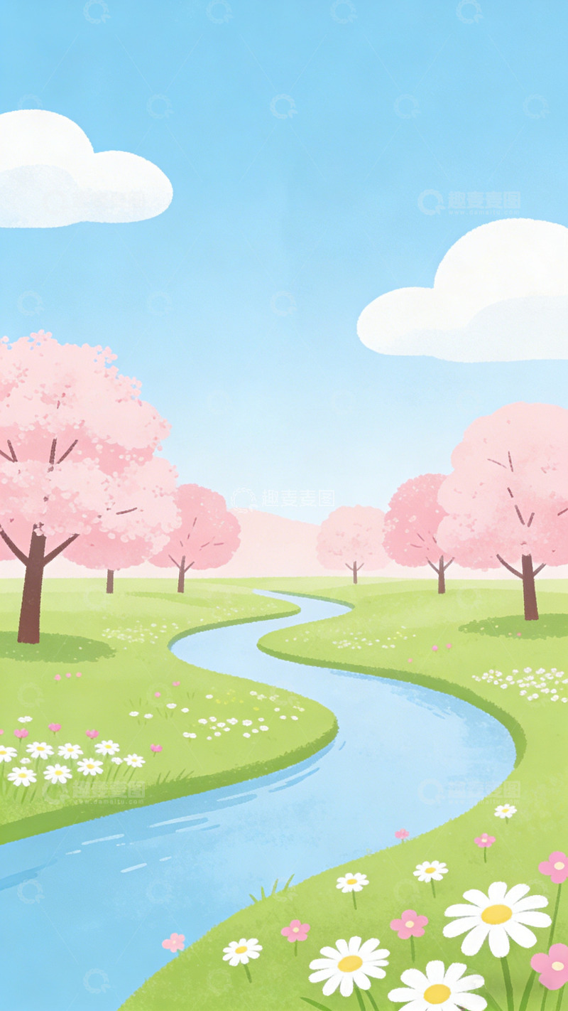 高清大图下载【趣麦麦图】春日樱花溪流插画
