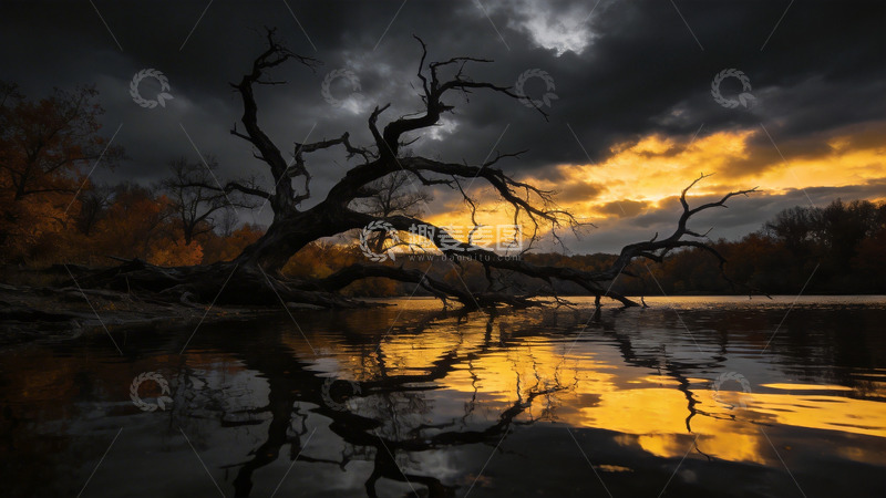 高清大图下载【趣麦麦图】枯树映黄昏水景摄影