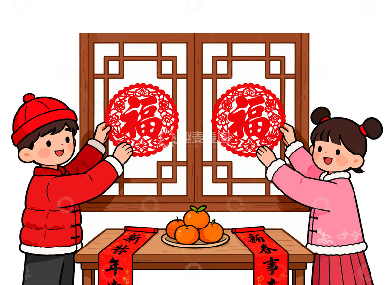 源文件下载【趣麦麦图】春节贴福字儿童卡通插画