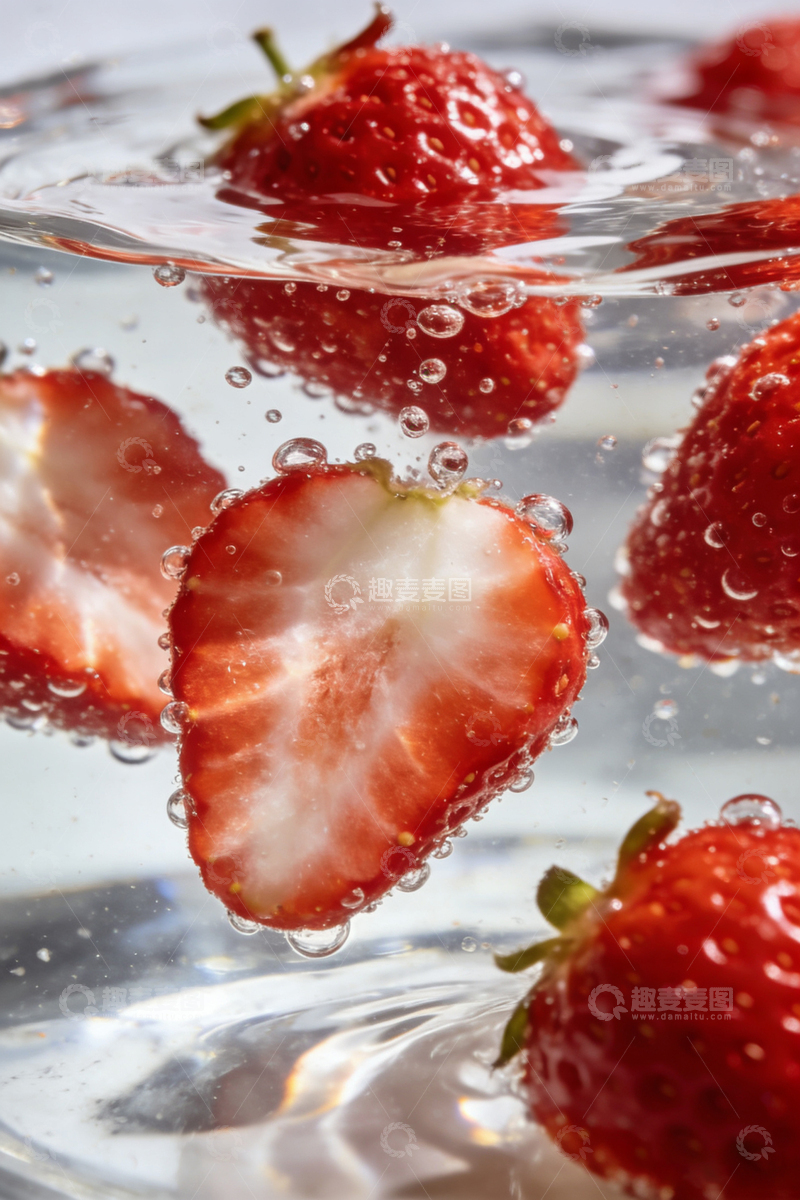 高清大图下载【趣麦麦图】新鲜草莓入水特写摄影