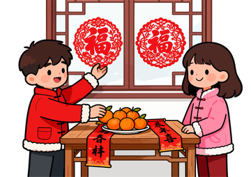 春节卡通贴福字场景