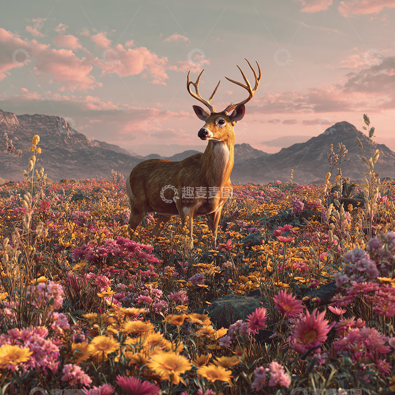 高清大图下载【趣麦麦图】夕阳下的神秘鹿群梦境
