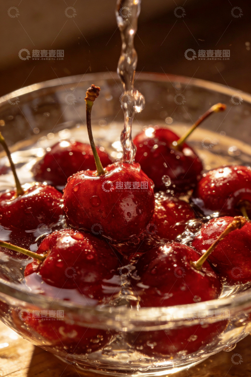 高清大图下载【趣麦麦图】玻璃碗樱桃清洗瞬间