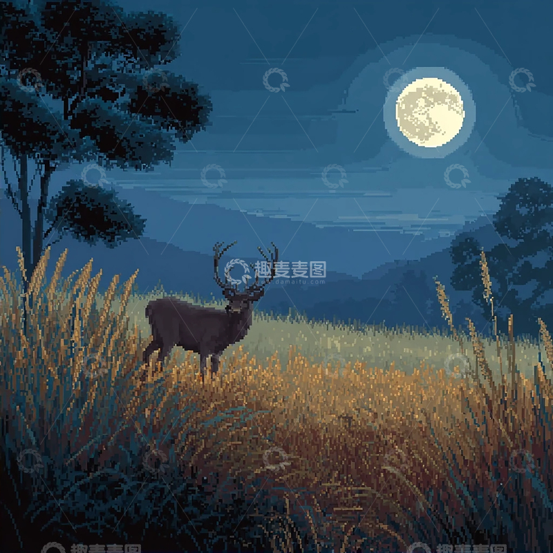 高清大图下载【趣麦麦图】月光下的孤独巨鹿幻想