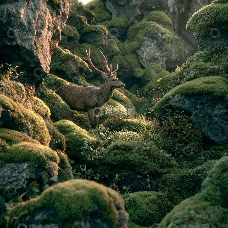 高清大图下载【趣麦麦图】高山深林中的神秘巨角鹿