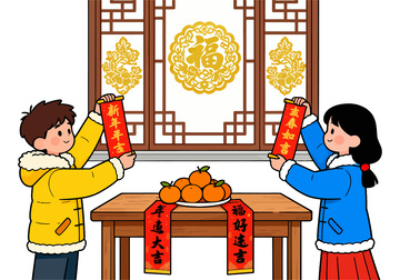 春节习俗年画贴福字