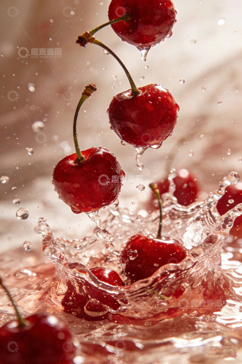 高清大图下载【趣麦麦图】樱桃落入水花摄影
