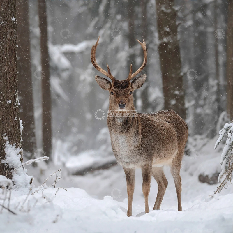 高清大图下载【趣麦麦图】雪中孤高的王者雄鹿