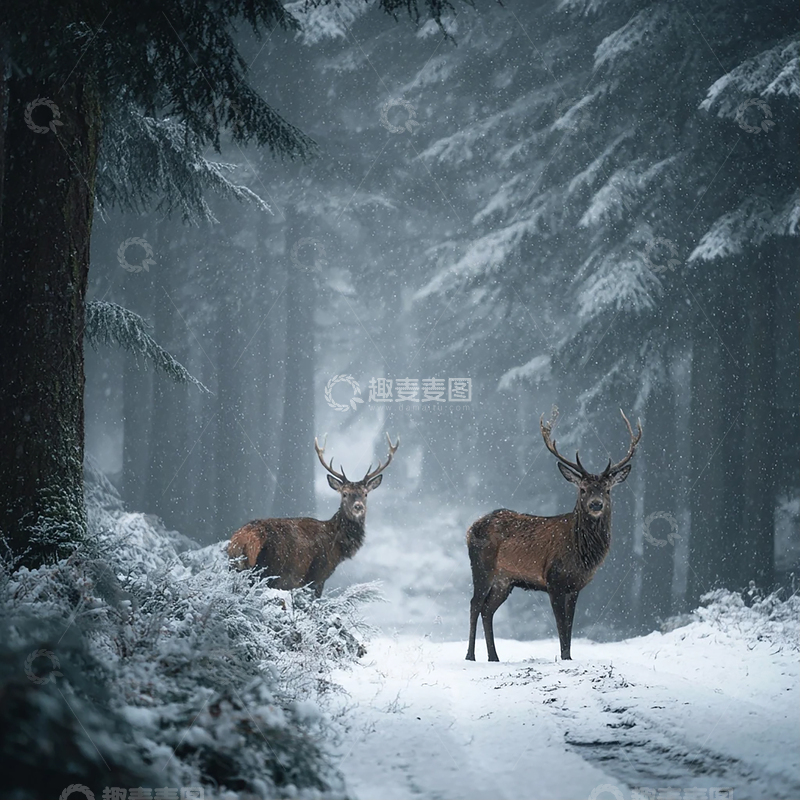 高清大图下载【趣麦麦图】雪原之上两头雄伟的麋鹿