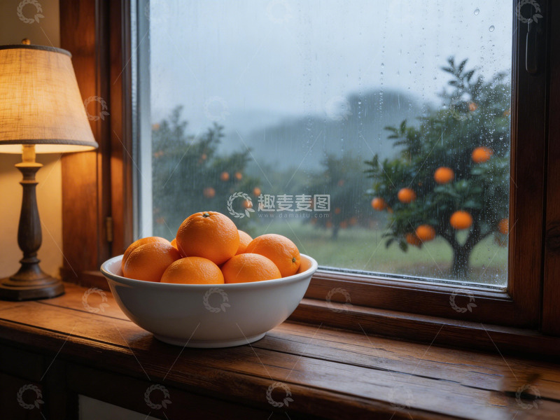 高清大图下载【趣麦麦图】温馨雨景橙子窗台摄影