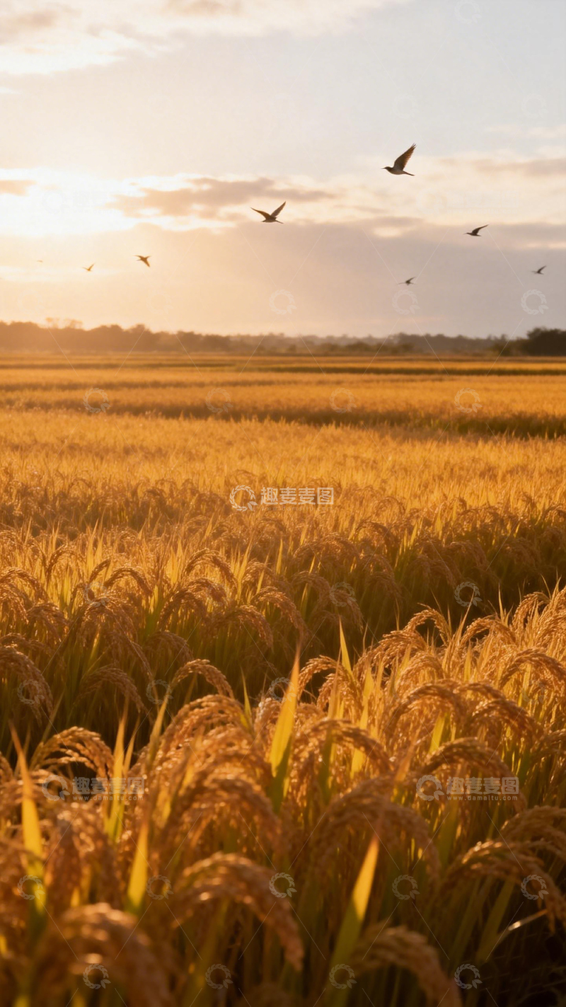 高清大图下载【趣麦麦图】金色稻田落日飞鸟风光