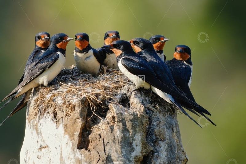 高清大图下载【趣麦麦图】站在树桩上的一群燕子