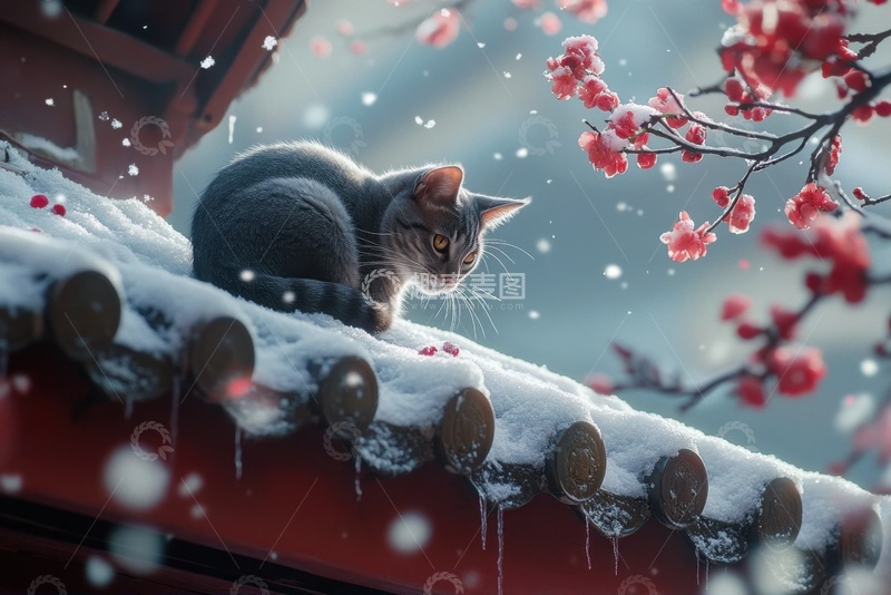 高清大图下载【趣麦麦图】坐在房檐上的一只小黑猫