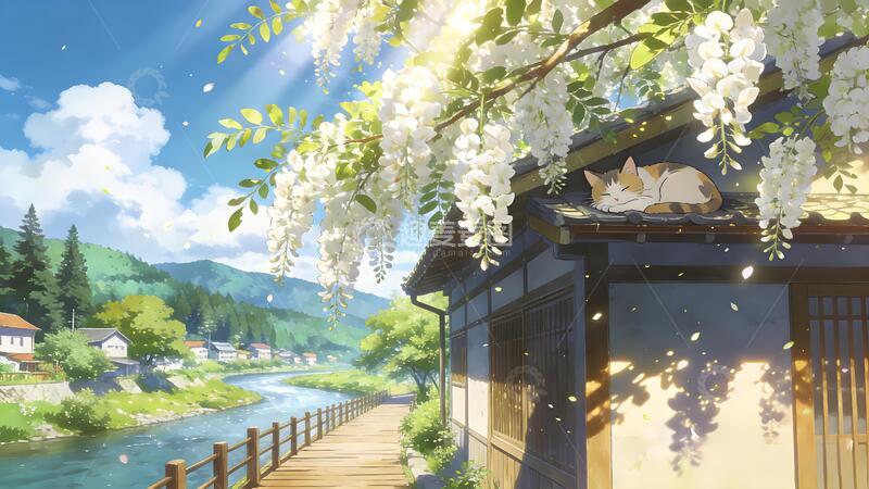 高清大图下载【趣麦麦图】田园风光春日卡通日漫风景场景