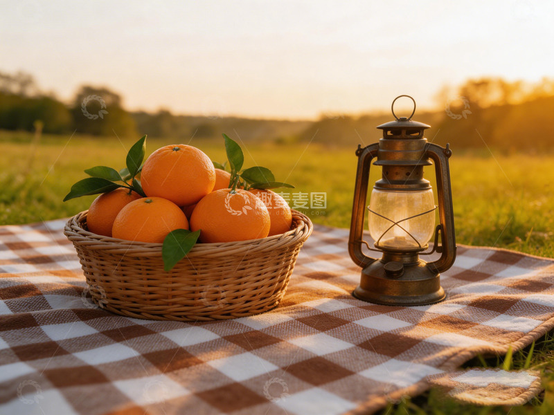 高清大图下载【趣麦麦图】田园风野餐橘子煤油灯摄影图片