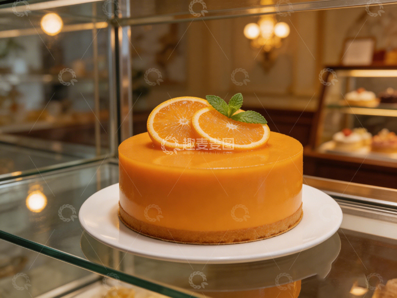高清大图下载【趣麦麦图】橙色蛋糕甜品展示柜摄影