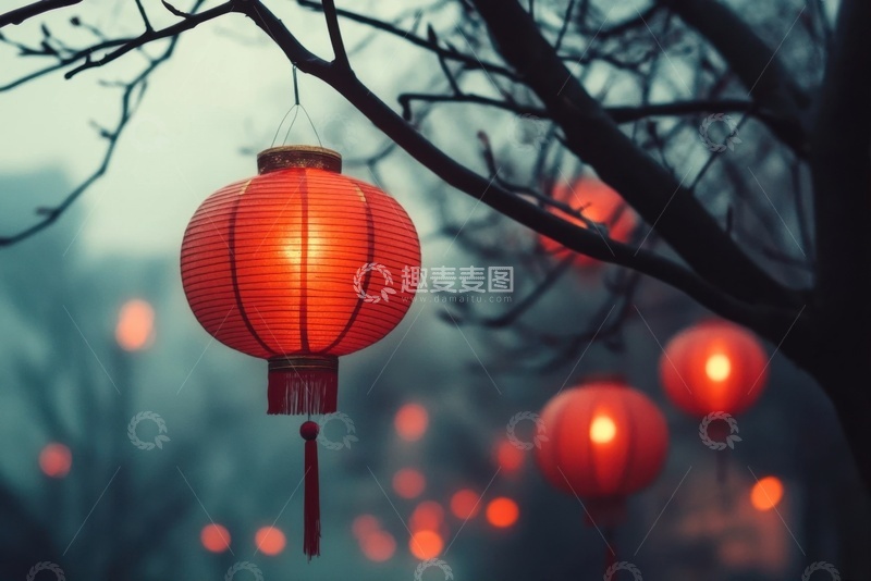 高清大图下载【趣麦麦图】树枝上挂着的红灯笼